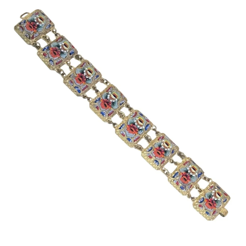 Vtg Micro Mosaic Roses Bracelet Floral Italian Millefiori Glass Link Panel 7.25